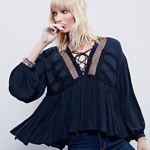 Free People Navy Lace-Up Blouse